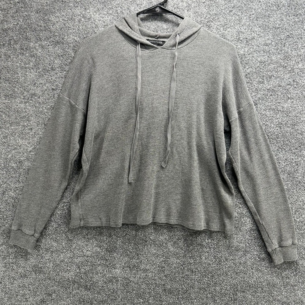 Eileen Fisher Womens Grey Waffle Knit Tencel Organic Cotton Hoodie XS Relaxed
